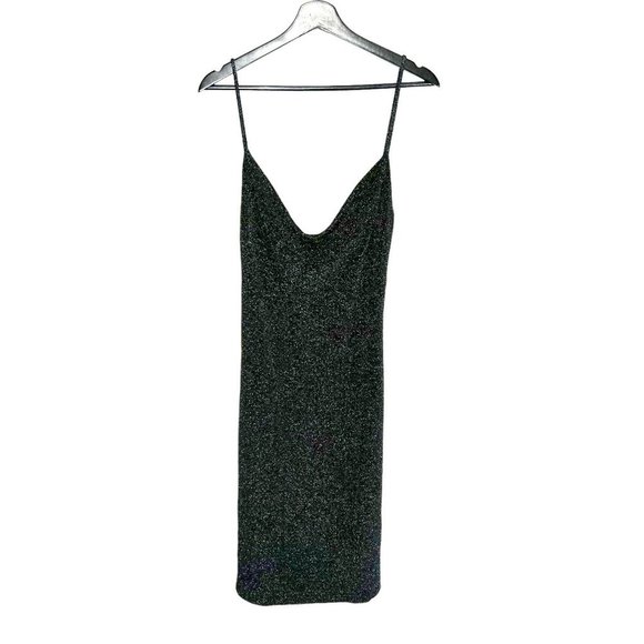 Vintage 90s Black Silver Glitter Drape Neck Spaghetti Strap Knee Length  Dress Me